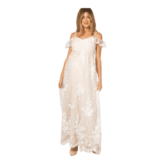 Ivory Floral Embroidered Mesh Maternity Evening Gown