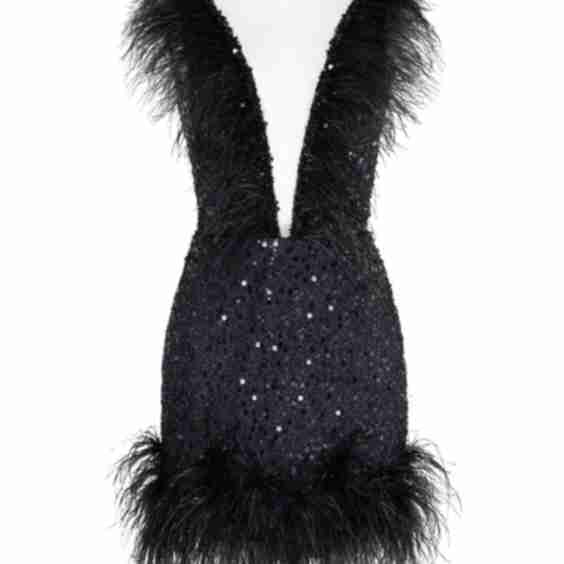 Dramatic Cocktail Dress On Straps Decorated With Sequins And Feathers