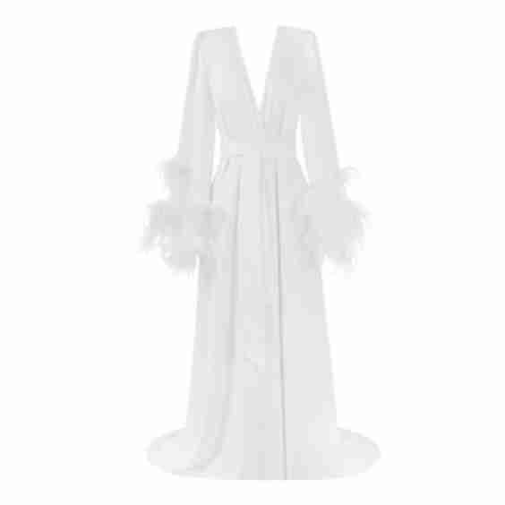Delicate Feather-Trimmed Satin Robe