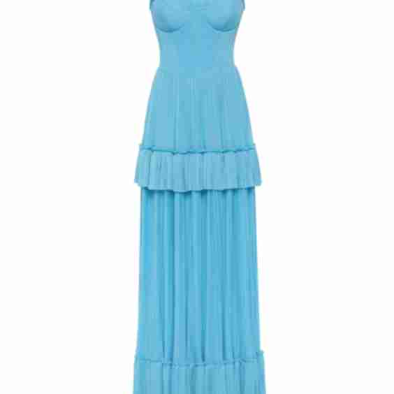Sky-Blue Spaghetti Strap Pleated Maxi Dress