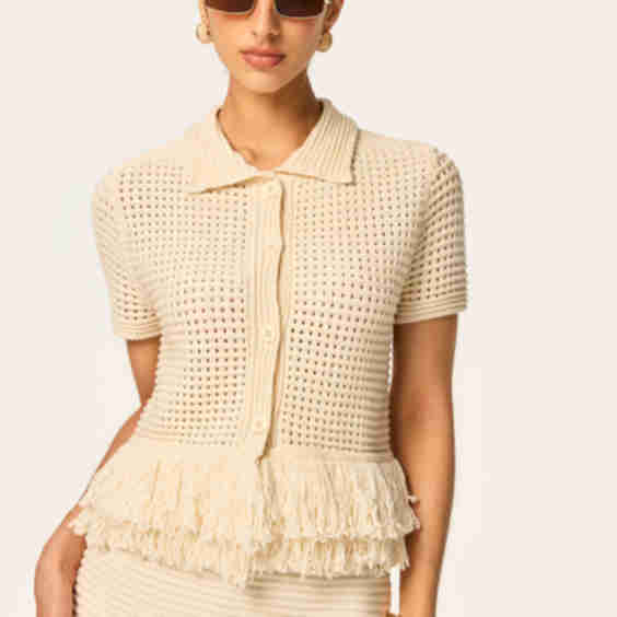 Fringed Mesh Knit Polo Short Sleeve Top
