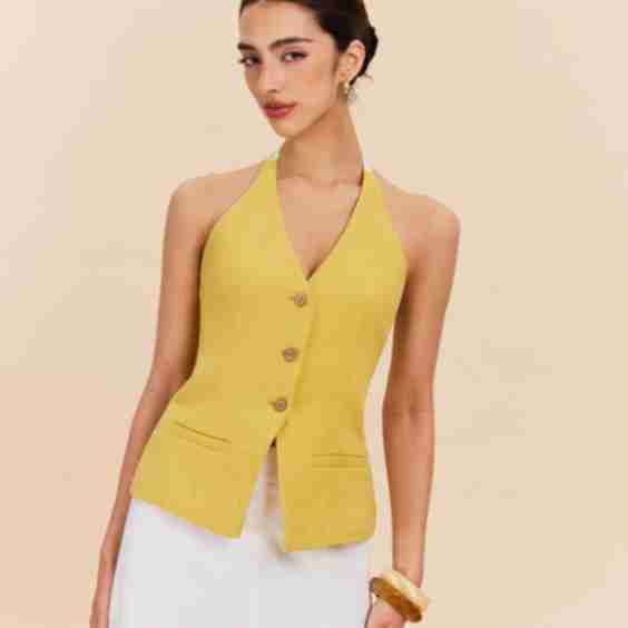 Cotton & Linen Halter Top With Decor Pockets