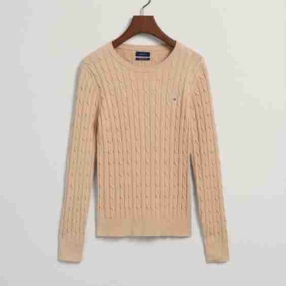 Stretch Cotton Cable Knit Crew Neck Sweater