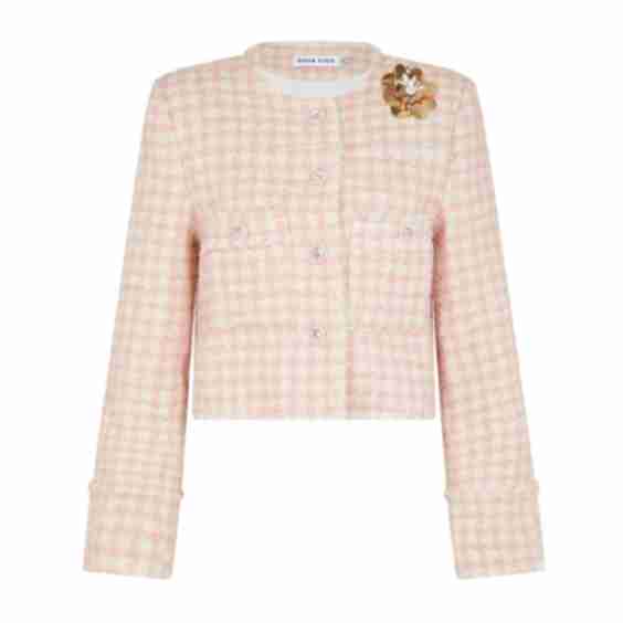 Brooch Detail Checked Bouclé Tweed Jacket