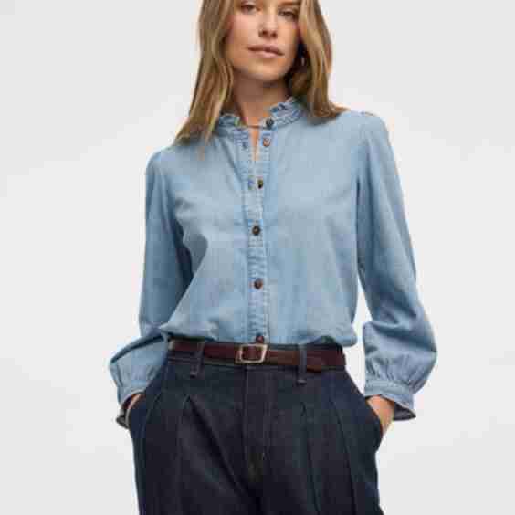 Mock-Neck Denim Blouse with 3/4 Puffy Sleeves