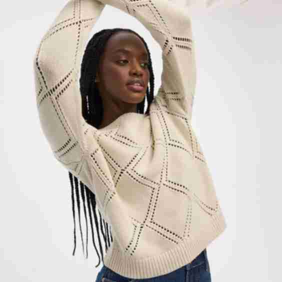 Long-Sleeve Boat-Neck Pullover with Open-Stitch Pattern
