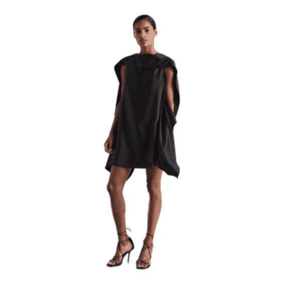 Atelier Asymmetric Satin Cape-Sleeve Mini Dress