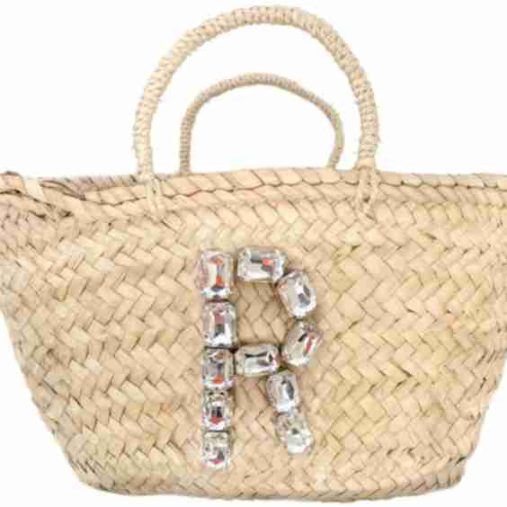 Glass Crystal Monogram Straw Bag