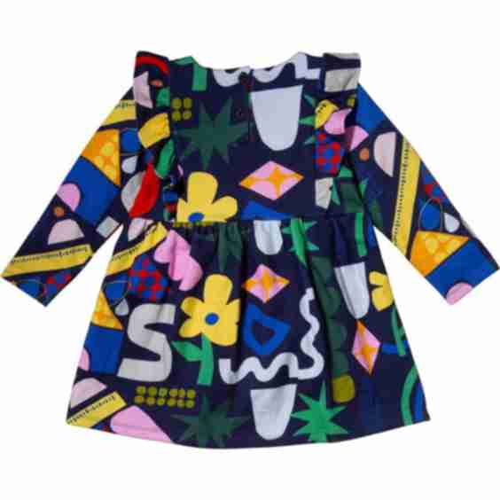 Baby Pattern Print Ruffle High Waist Long Sleeve Snap Dress, Blue