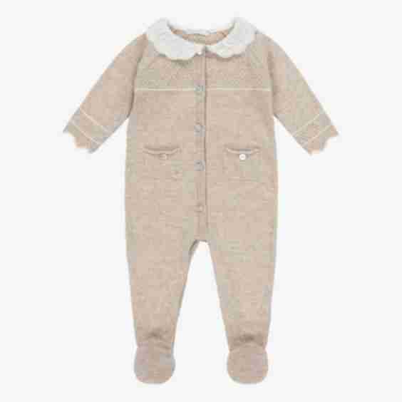 Girls Wool & Cotton Knit Babygrow With Collar