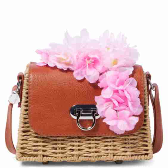Floral-Appliqué Woven Crossbody Bag