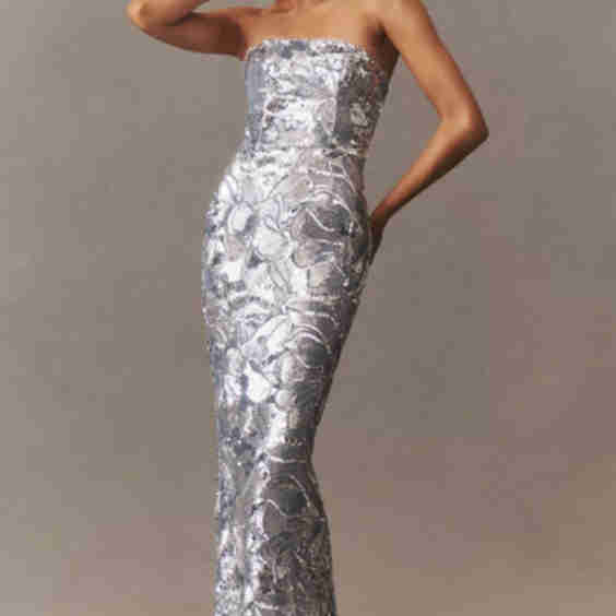 Strapless Stretch Sequin Mesh Midi Dress