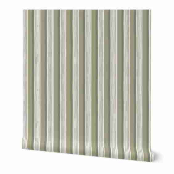 Hand-Drawn French Ticking Vertical Stripes Sage Green And Cream Wallpaper