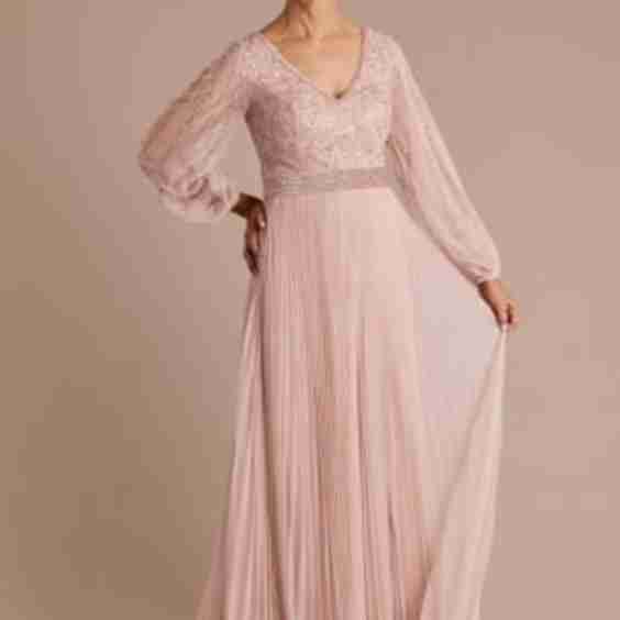 Beaded Blouson Sleeve Pleated A Line Dress