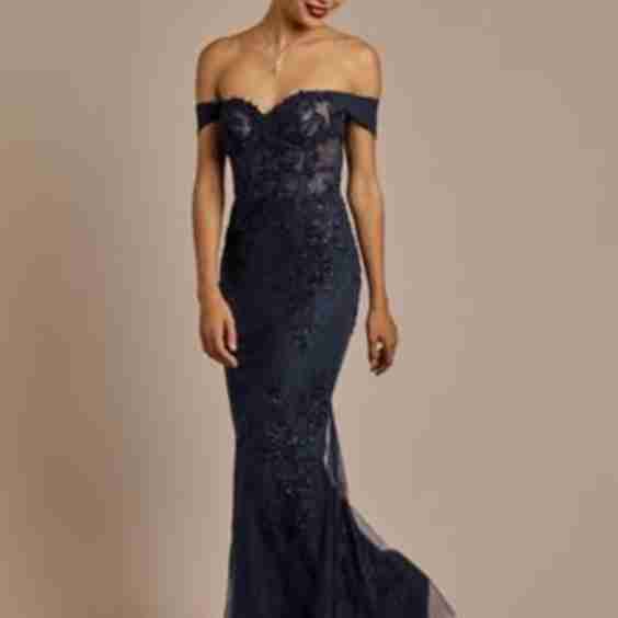 Off The Shoulder Beaded Applique Mermaid Dress