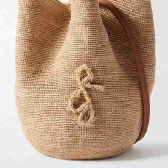 The Hatbag Leather-Trimmed Raffia Bucket Bag