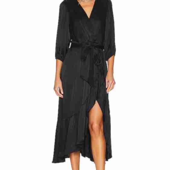 Ruffle Surplice Midi Dress in Black