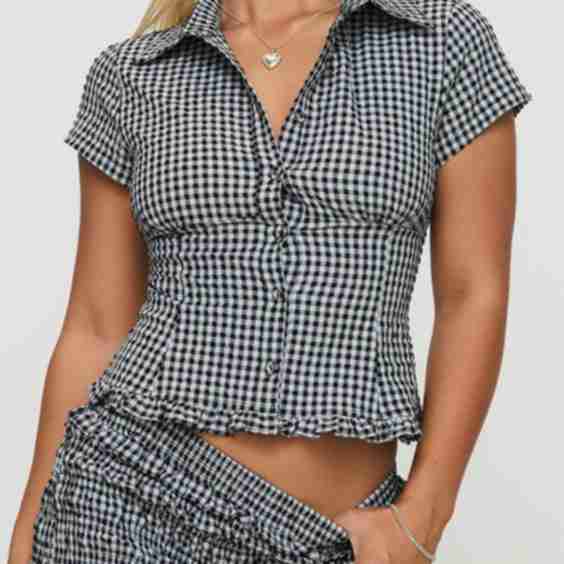 Covey Check Smocked Puff Sleeve Crop Shirt 