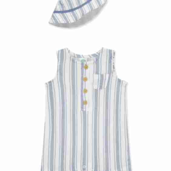 Striped Gauze Romper & Hat Set