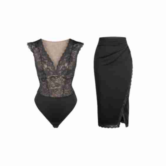Shapewear Sculpting Lace Bodysuit and Midi Skirt