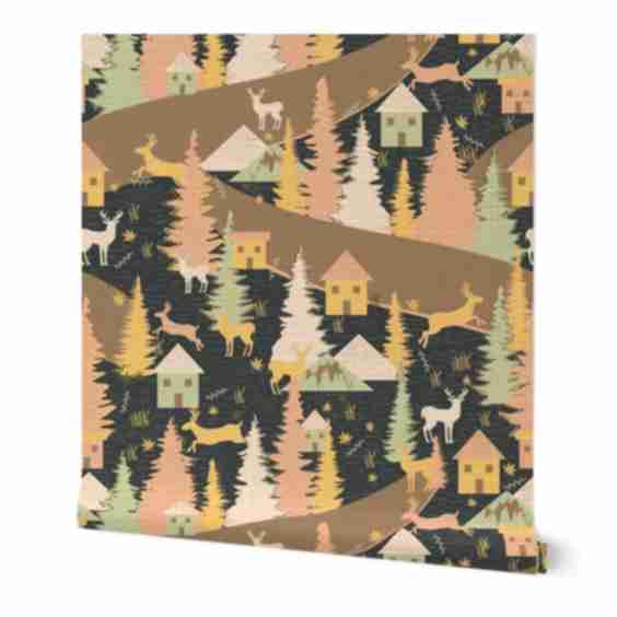 Wallpaper in M-Cabins in the Woods-Peach Yellow Green Cabincore Wilderness Woodland
