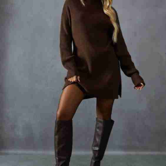 Knitted Rib Grown On Neck Split Leg Mini Dress