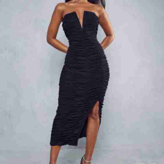 Premium Mesh V Bar Ruched Midaxi Dress
