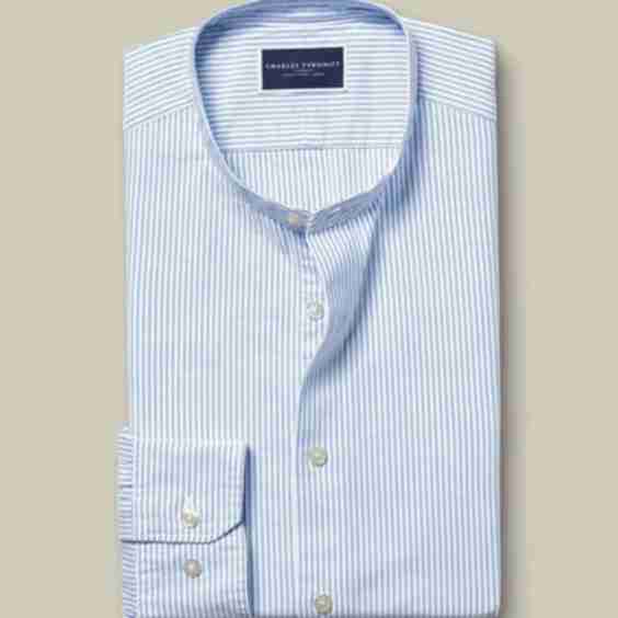 Collarless Stretch Washed Oxford Stripe Shirt Ocean Blue