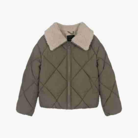 Girls Khaki Quilted Jacket With Sherpa Fleece Collar