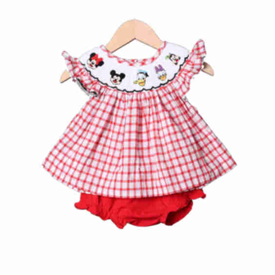 Smocked Mouse And Friends Red Windowpane Bloomer Set