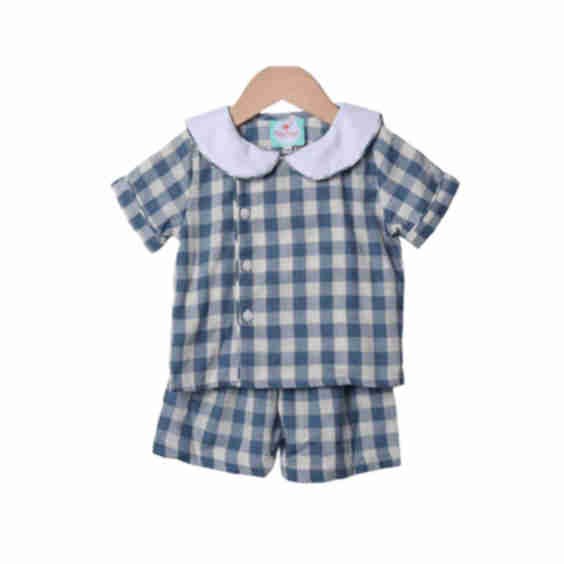 Blue Linen Gingham Button Short Set