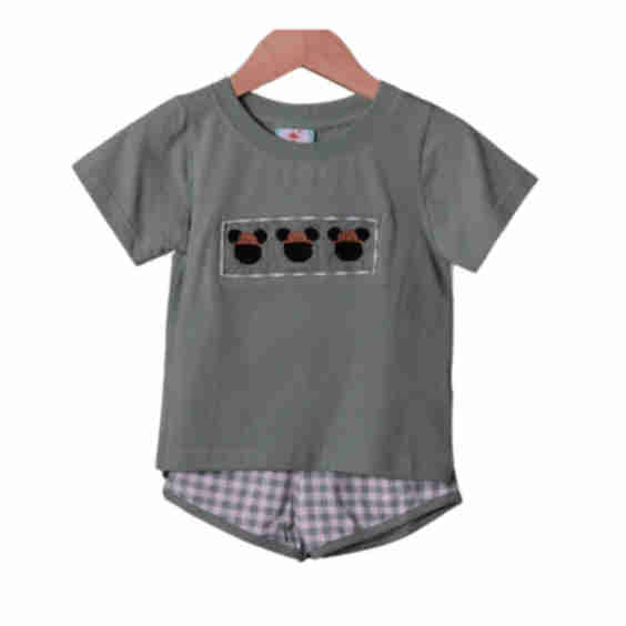 Smocked Sage Gingham Safari Mouse Short Set