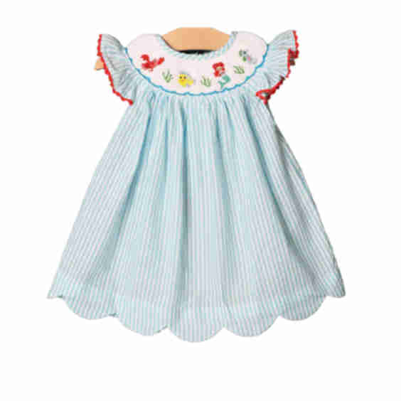 Smocked Mermaid Aqua Seersucker Dress