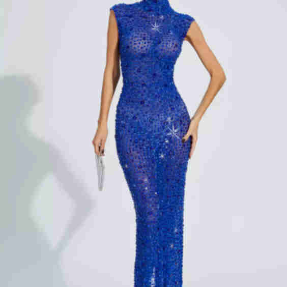 Emmalyn Blue Sleeveless Diamond Maxi Dress