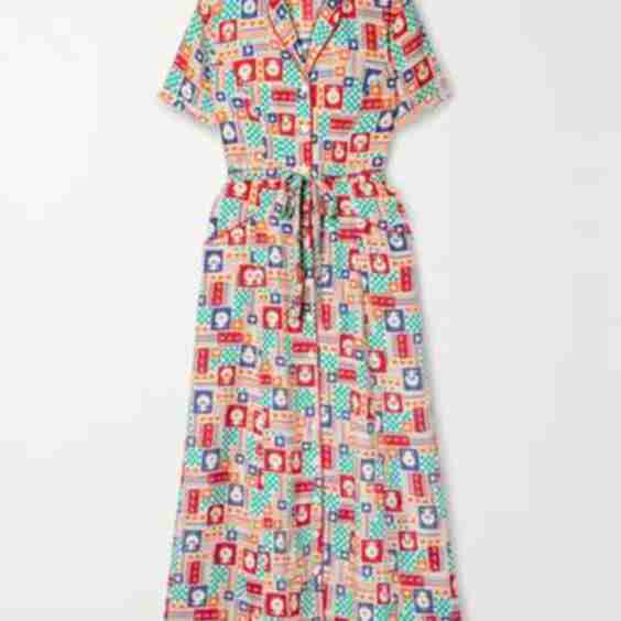 Long Maria Printed Silk Crepe de Chine Midi Shirt Dress
