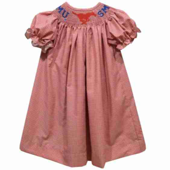 SMU Mustangs Smocked Gingham Bishop Dress