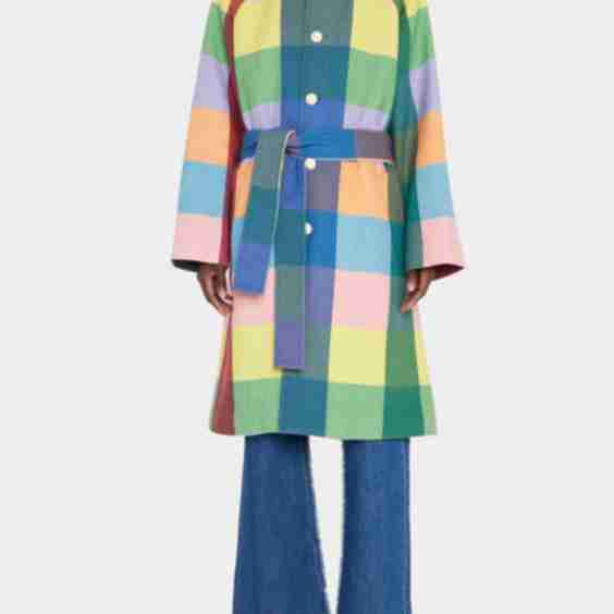 Rainbow Plaid Wool Belted Coat