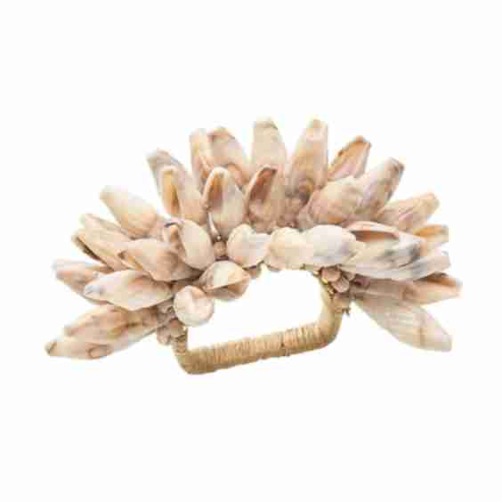 Shell Fringe Napkin Ring in Ivory & Brown, Set of 4