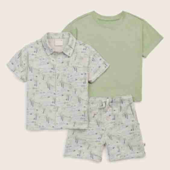 3 Piece Organic Cotton Button Down Shirt And Short Set