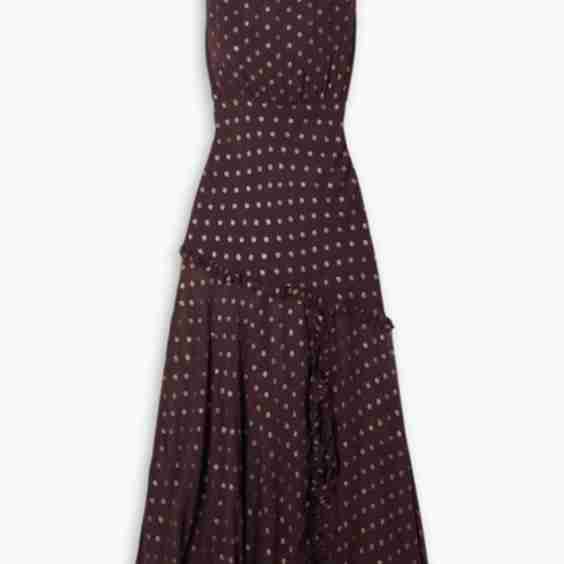 Barrette Asymmetric Ruffled Metallic Fil Coupé Chiffon Midi Dress