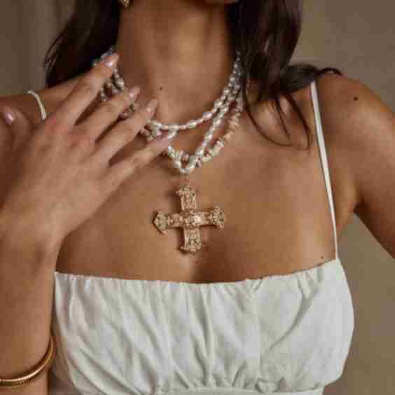 Angelica Gold Pearl Cross Statement Necklace
