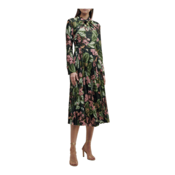 Botanical-Print Neck-Knot Pleated Jersey Midi Dress