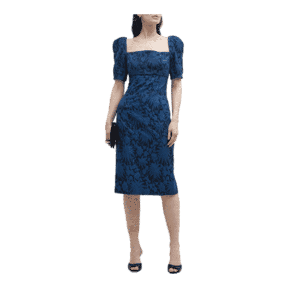 Botanical Cloque Puff-Sleeve Midi Dress