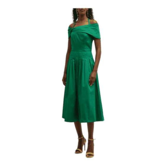 Off-The-Shoulder Halter Pleated Cotton Midi Dress