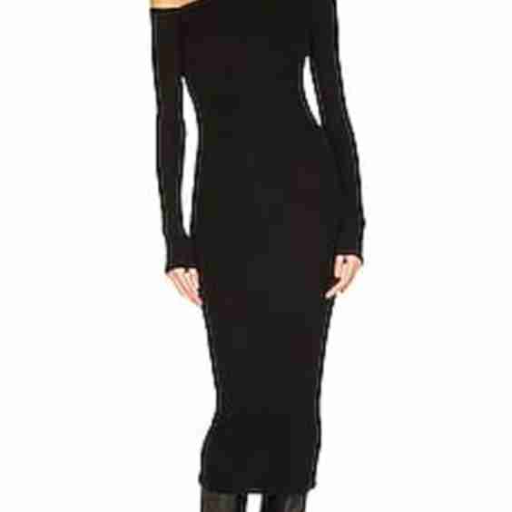 Angled Neck Long Sleeve Midi Dress