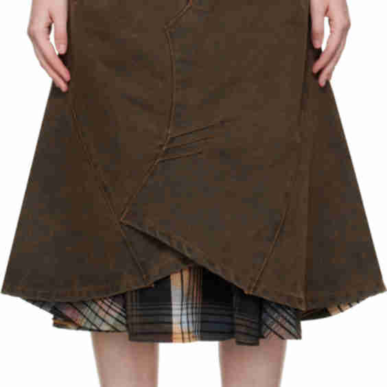 Brown Custom Flare Layered Denim Midi Skirt