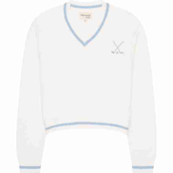 Golf Club Varsity V-Neck Tennis Sweater, Ivory & Blue