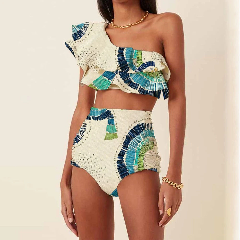 One-Shoulder High-Waist Ruffle Embellished Bikini Set 
