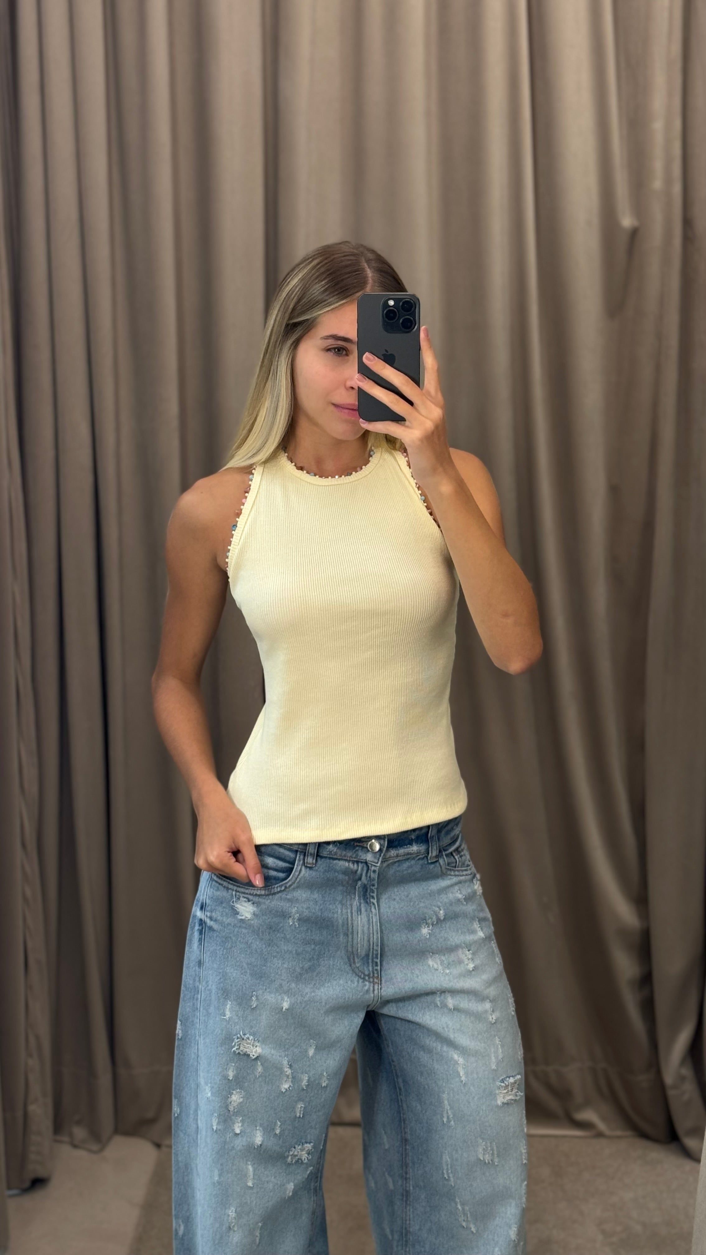 Racerback Tank Top With Embroidered Neckline And Armholes.