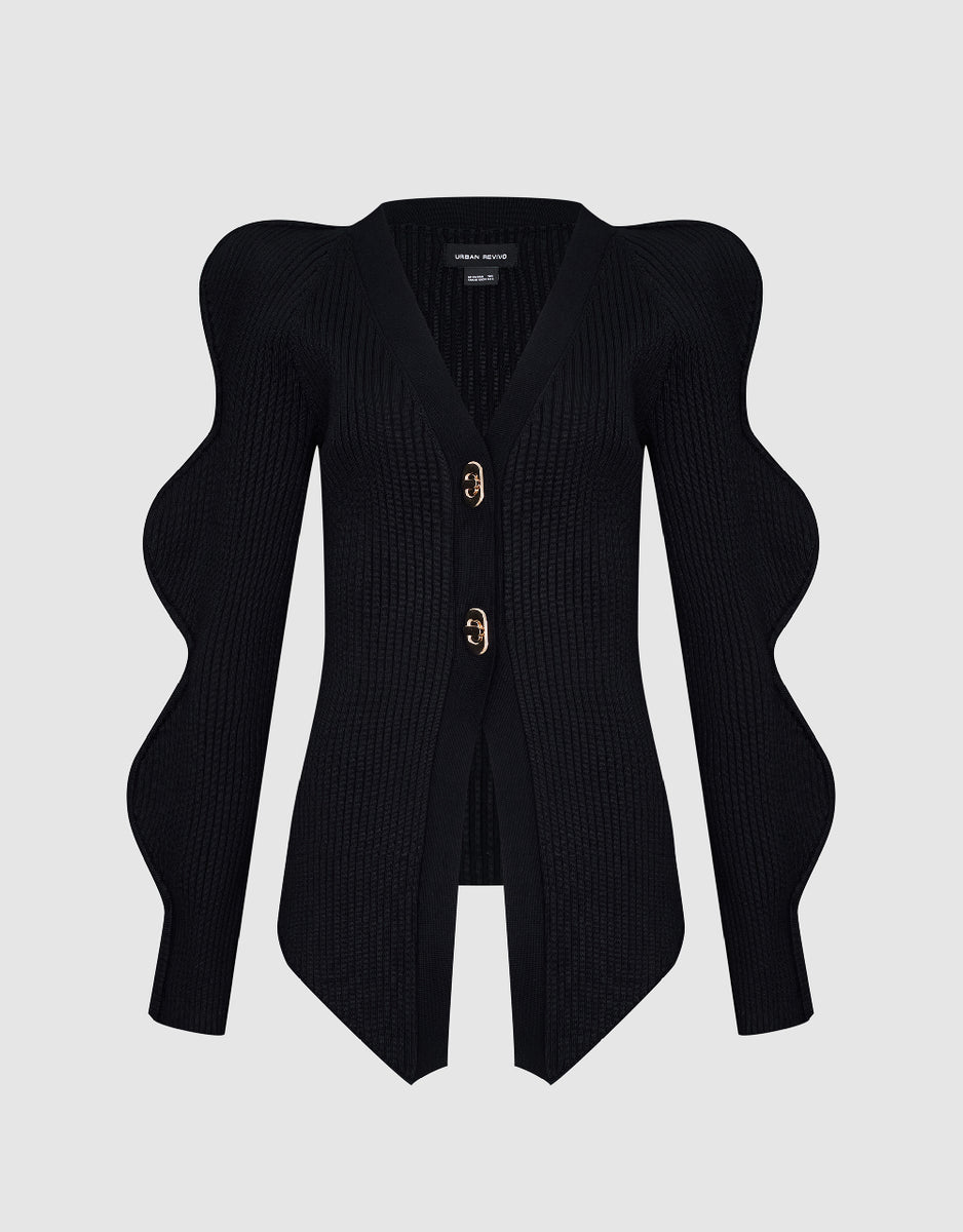 Wave Sleeve V-Neck Knitted Cardigan